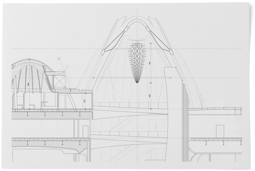 Central flower pod section showing chandelier extent and location